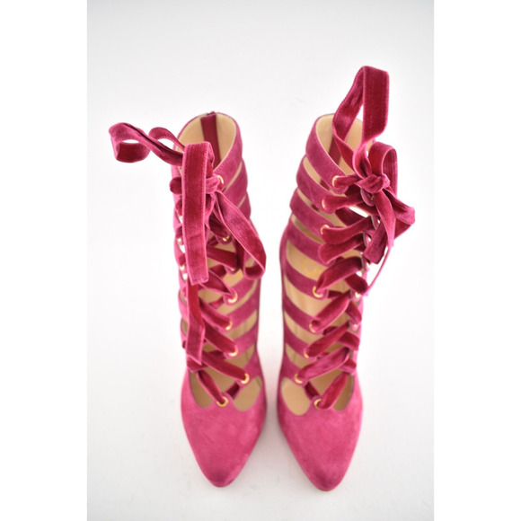 Christian Louboutin Spinetita 100 Loulou Pink Lace Up Sandal Heel Bootie 37.5 - Picture 7 of 12
